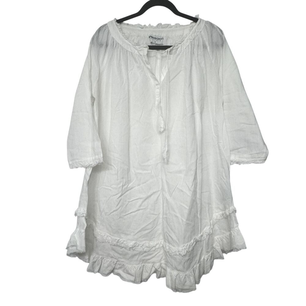 One Season White Frilly Dress Womens V-Neck Tie Front Sheer Womens‎ Small